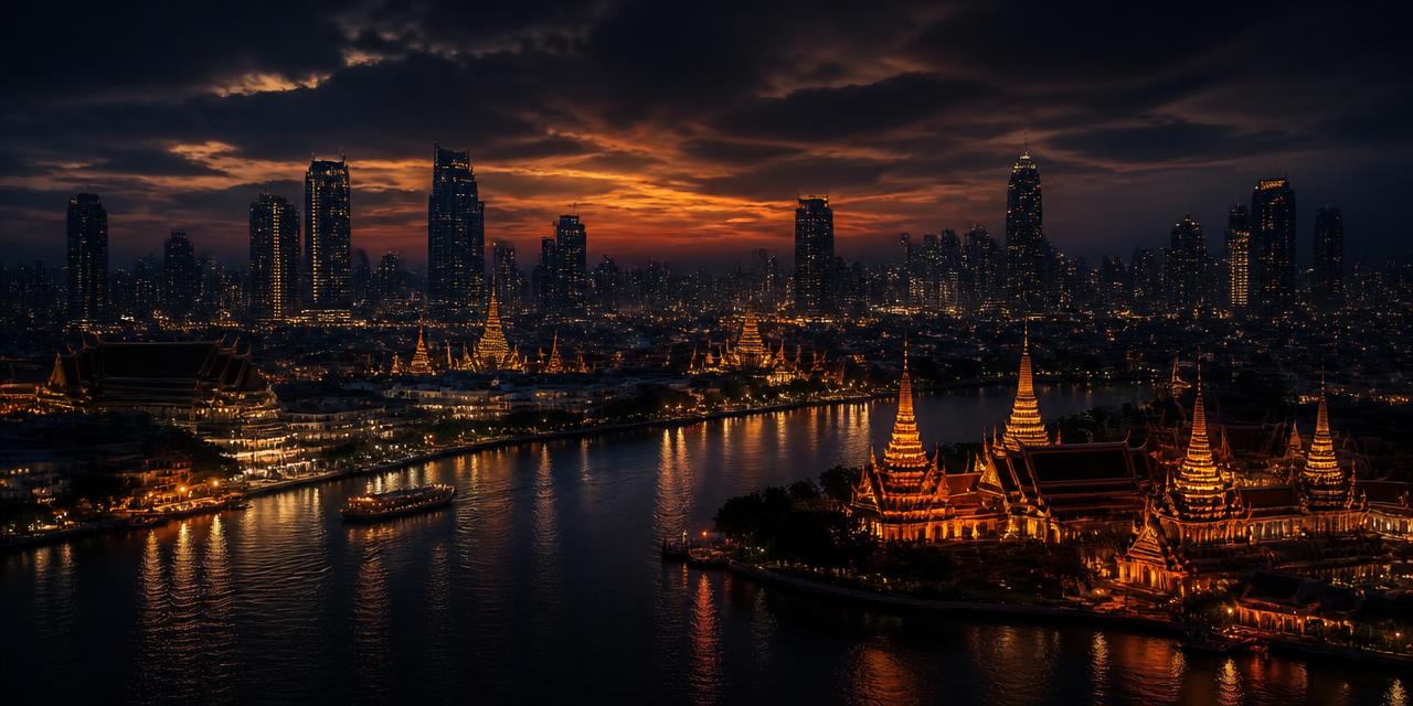 Bangkok at dusk — temple spires and skyline along the river